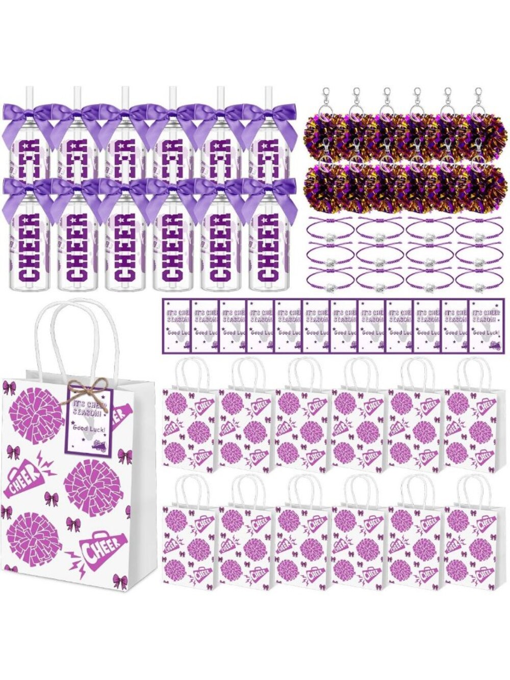 Cheerleader Gift Set - 12 Cheer Cups, Water Bottles, Pom Poms, Bracelets & Cards